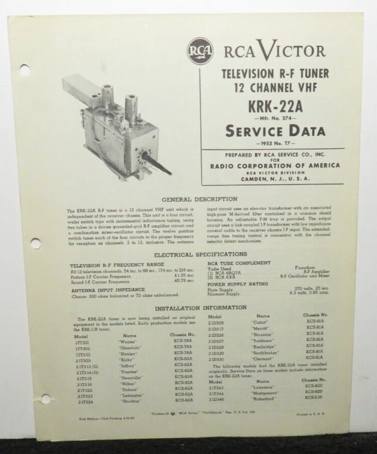 RCA VICTOR TELEVISION SERVICE DATA 1953 T7 R-F TUNER 12 CHANNEL VHF KRK-22A - Image 1 of 1