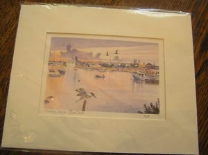 BERMUDA HAMILTON SUNSET in Harbor w/ Belted Kingfisher Bird 8x10" Eric JR AMOS - Picture 1 of 3