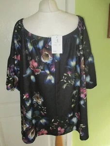 BNWT ASOS SIZE 14 WOMENS BLACK FLORAL FLARED TOP OFF THE SHOULDER - Picture 1 of 3