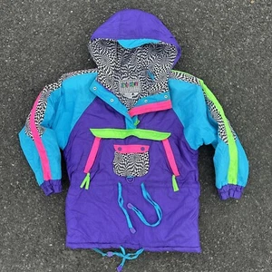 90s Neon Ski Jacket East West Panda Group Puffer Purple Blue Hooded Coat Vintage - Picture 1 of 18