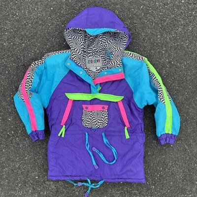 Neon Ski Jacket East West Panda Group Puffer Purple Blue Hooded Coat Vintage 90s - Image 1 of 4