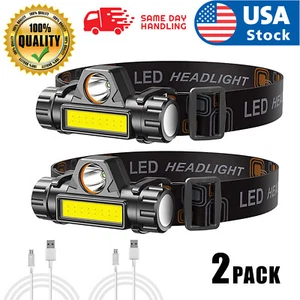 2PACK LED Headlamp USB Rechargeable COB Headlight Camping Fishing Hunting Lamp - Picture 1 of 12