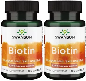200 Caps Swanson Biotin 5000 mcg 2X100 Caps Nourishes Skin Hair Nails - Picture 1 of 2