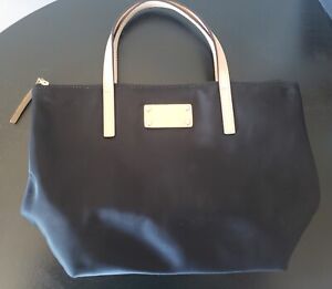 Kate Spade Black Nylon Tote Bag Handbag Tan Leather Handles Fuchsia Interior 