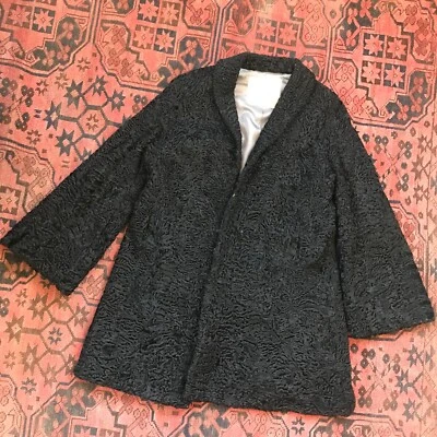 VINTAGE ANTIQUE CURLY BLACK PERSIAN LAMBS WOOL HEAVY COAT BELL JACKET WITH LABEL - Image 1 of 4