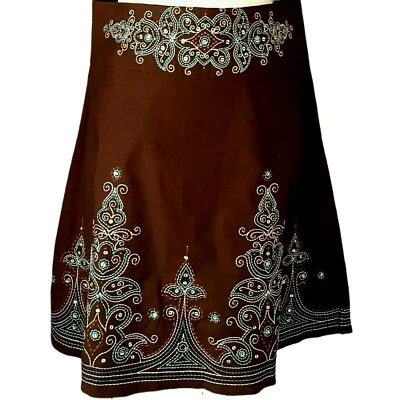 Heart Soul Skirt Womens Size 5 Boho Embroidery Brown Blue India Boho Work Office - Image 1 of 4