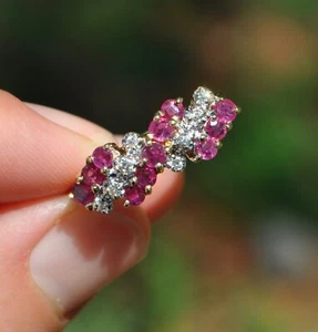 Vintage 14k massives Gold natürlicher Rubin & Diamant Ring Cluster Reihe gestreift Gelbgold - Bild 1 von 11