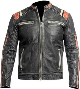 Giacca in vera pelle vintage Cafe Racer Retro 3 moto effetto invecchiato nero - Foto 1 di 4