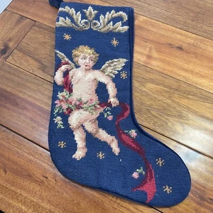 Vintage Christmas Stocking Wool Needlepoint Tapestry Petit Point 17" Cherub Blue - Picture 1 of 8