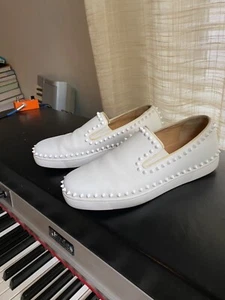 Christian Louboutin white leather spike loafers size 42 PIK BOAT SNEAKERS FLATS - Picture 1 of 7