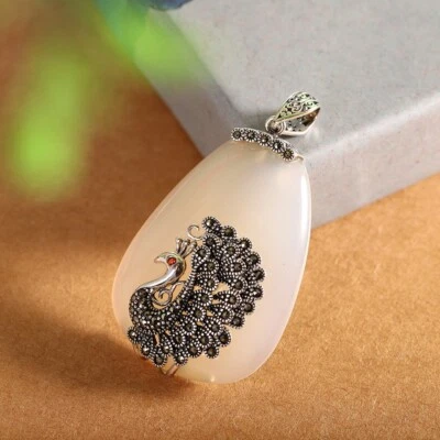 I03 Rimorchio Pfau Sur Bianco Calcedonio Marcasite Argento Sterling 925 - Immagine 1 di 4