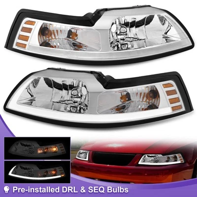 LED DRL Headlights For 1999-2004 Ford Mustang GT Chrome Housing Amber Corner Foto 1 de 4