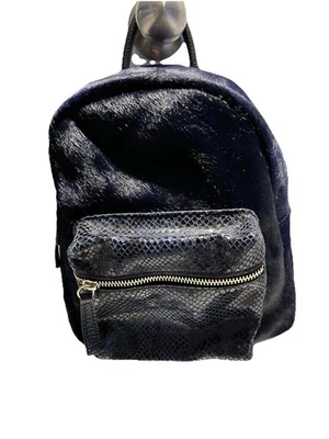 REAL Leather & Fur Backpack Made in Italy Black & Blue 9”x8”x4” CUIR ROSE NEW - Image 1 of 4