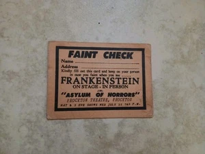 1940s Asylum Of Horrors Frankenstein Brocton,Ma Theatre Faint Check Card... - Picture 1 of 2