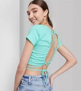 NEW Women's Short Sleeve Lace-up Back Baby T-Shirt - Wild Fable™ Size S - Picture 1 of 4