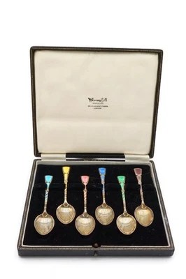 Vintage Turner & Simpson Sterling Silver 925 Guilloche Enamel Spoon Set Foto 1 de 4