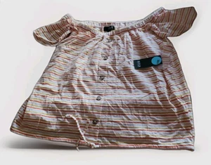 A.N.A Multi Color Striped Button Front Off Shoulder  Cotton Top Blouse ~ L M3020 - Picture 1 of 12