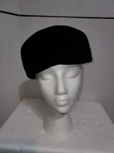 Vintage PEACH BLOOM Womens Black Velvet Pillbox Hat Import Fur Merrimac - Picture 1 of 7