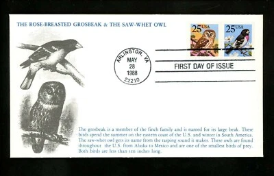 US FDC #2284-2285 KMC Venture Cachet Owl & Grosbeak 5/28/1988 Arlington VA - Image 1 of 2