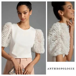 Anthropologie flach weiß Rüsche Ballonärmel Oberteil weiß Größe XS Bluse neu mit Etikett - Bild 1 von 14