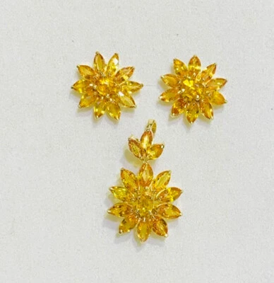 Conjunto de pendientes y colgantes de flores de oro amarillo macizo de 12 quilates con zafiro amarillo natural Foto 1 de 4