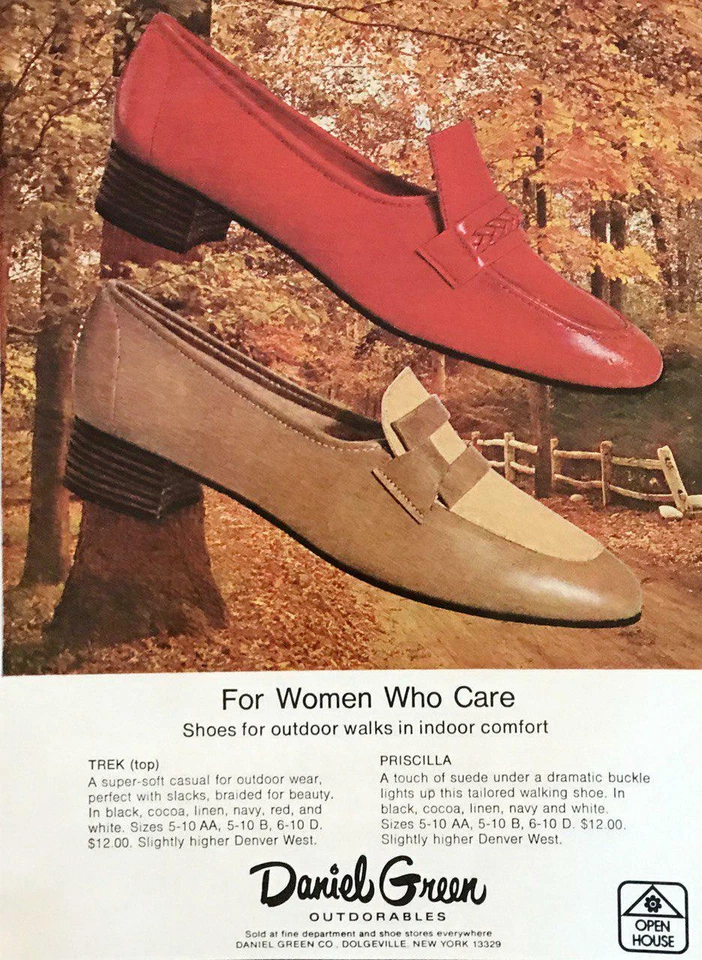 Anuncio impreso de zapatos Daniel Green Outdoorables 1973 para mujeres que se preocupan Trek Priscilla  Foto 1 de 1