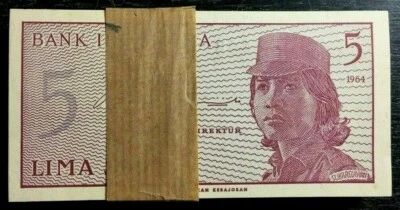 INDONESIA 5 SEN P-91 1964 X 100 Pcs Lot FULL BUNDLE WOMAN UNIFORM UNC BILL NOTE - Image 1 of 4