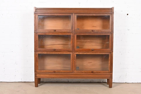 Antique Globe Wernicke Arts & Crafts Oak Three-Stack Double Barrister Bookcase Cover