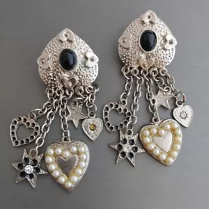 Vintage HEART Charm Earrings Silver Tone Posts Dangles Faux Pearls Black 2 5/8” - Picture 1 of 7