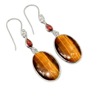 Orecchini in argento 925 con occhio di tigre naturale - Sudafrica e granato gioielli ALLE-18955 - Foto 1 di 1