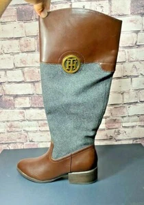 NIB TOMMY HILFIGER MADELEN2 DK GREY FABRIC/BROWN TALL RIDING WINTER BOOTS SZ 5 - Picture 1 of 4