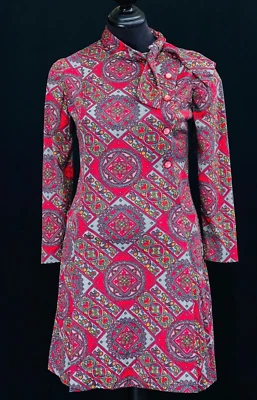 Vestido Vintage Años 70 Rojo Estampado, Manga Larga Paisley Asimétrico Mini Boho M L Foto 1 de 4