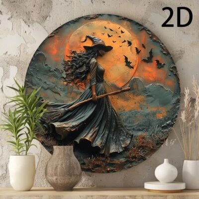 2D Round Wooden Gothic Witch with Broom Halloween Theme Decoration - Image 1 of 4