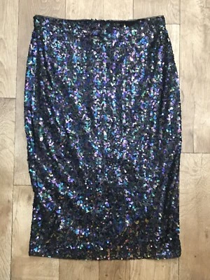 Oasis Black Multi Sequin Fitted Wiggle Midi Skirt Small Mermaid Sparkle NWT A26 - Image 1 of 4