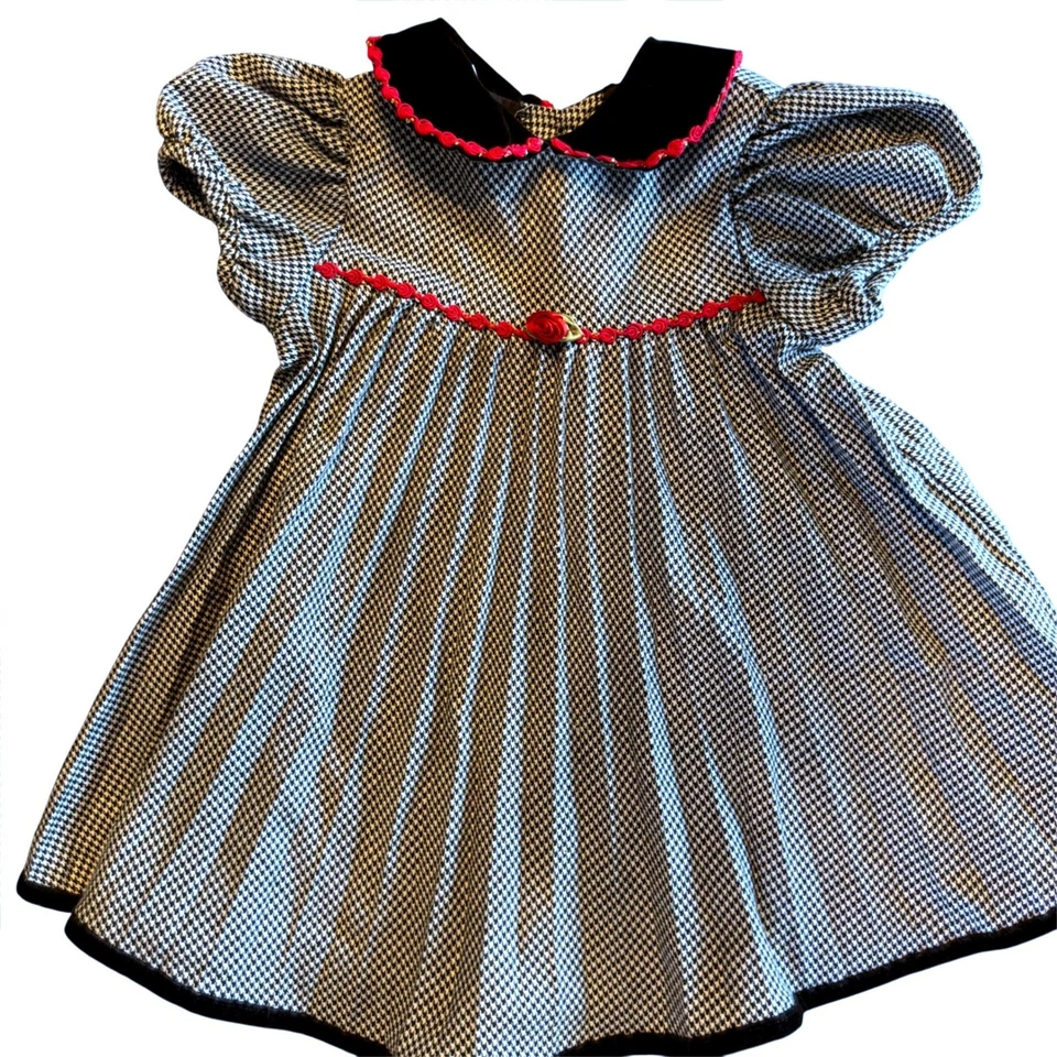 Vintage Girls Houndstooth Dress Black Velvet Collar Red Rose Trim - Image 1 of 4