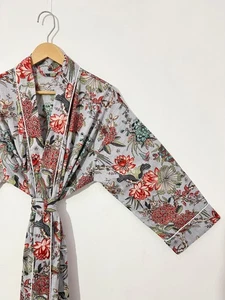 Indian Gray Bird print Nightwear Beach Robe Gown Dress Cotton Long Kimono - Picture 1 of 7