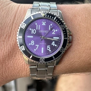 Vintage Consort Diamond Wristwatch Quartz Japan Movement Untested Purple Dial - Picture 1 of 5