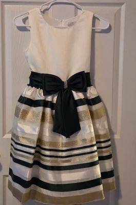 Rare Editions Girls Holiday Dress Size 12 White Gold Green Striped Bow NWT - Image 1 of 4