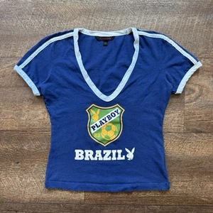 VTG 90s Womens S Blue Playboy x Brazil Rare V Neck Ringer Slim Fit Crop USA Top - Picture 1 of 9