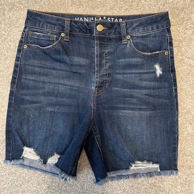 Vanilla Star High Rise Bermuda Denim Shorts Distressed Frayed Hem juniors size 7 - Image 1 of 4
