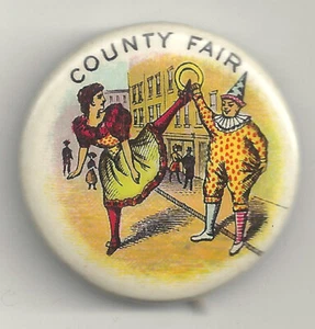 Vintage COUNTY FAIR Pin w/ High-Kicking Gal, Gold Ring & a CLOWN - Picture 1 of 2