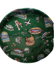 Rare Dept 56 Lake Round Metal Serving Tray Gone Fishing Adirondack Mts Fish Camp - Picture 1 of 8