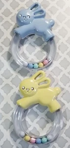 Baby Bunny Rattles Moving Beads Set of 2 Yellow & Blue Development Toy Infant  - Picture 1 of 5