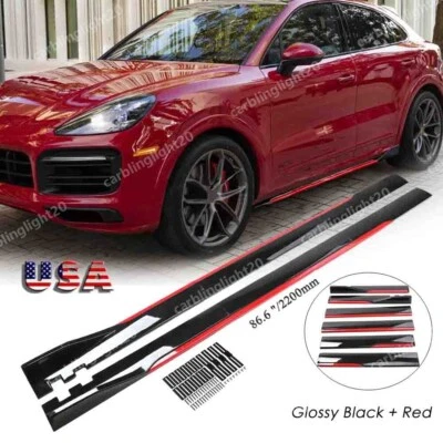 For  Porsche Cayenne 86.6" Grossy Black Red Side Skirts Extension Splitter Lip - Image 1 of 4