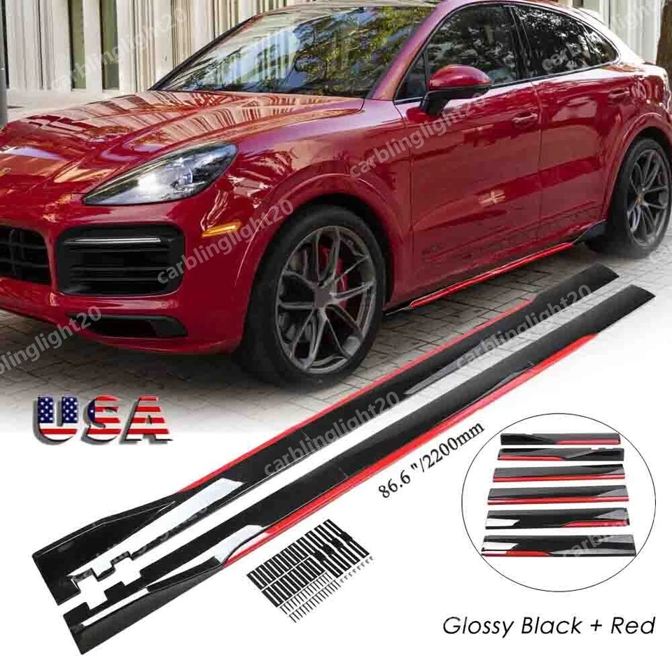 For  Porsche Cayenne 86.6" Grossy Black Red Side Skirts Extension Splitter Lip Foto 1 de 4