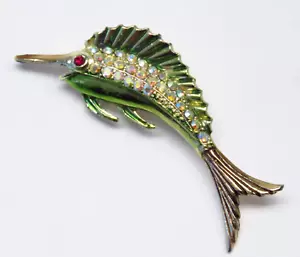 Spilla vintage smalto strass pesce marlin pesce spada nautica mare stravagante - Foto 1 di 8