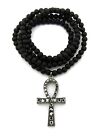 Egyptian Pave Ankh Cross Pendant 6mm 30" Wooden Bead Hip Hop Necklace RC1874