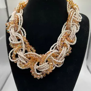 Vintage Braided Necklace Glass Peach and White Seed Beads Gold Tone Clasp - Picture 1 of 7
