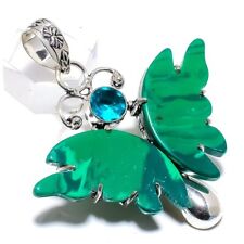 Butterfly - Malachite, Blue Topaz Gemstone 925 Sterling Silver Pendant 2.2" A798