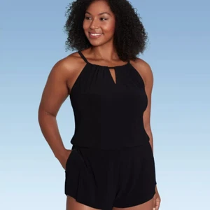 Aqua Green Plus Size Women's High Neck Swim Romper with Pockets Black 16 - Picture 1 of 13